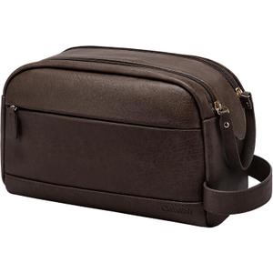 PU Leather Toiletry Bag for Men - Water Resistant Travel Bag for Toiletries, Bathroom Essentials, Accessories (Dark Brown)