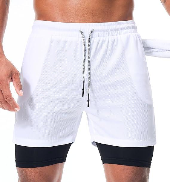 Sureio 6 Pcs Men's 2 in 1 Workout Running Shorts 5" Athletic Gym Shorts with Liner Quick Dry Shorts with Pockets Towel Loop (Large)
