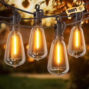 Brightown Outdoor String Lights, 100FT ST38 LED Patio Lights Shatterproof, Dimmable IP65 Waterproof Connectable Hanging Outdoor Light for Backyard, Porch, Deck, Balcony, 2700K (Black)