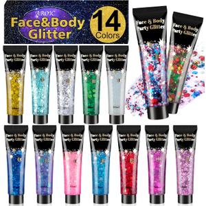 AROIC 14 Colors Body Glitter, Face & Hair Glitter Gel Set for Festival, Eye Shimmer for Women Glow in the Dark Rave Accessories Party Supplies, Face Paint Hair/Cheek/Eyelid Sparkle Makeup-18ml/Tube