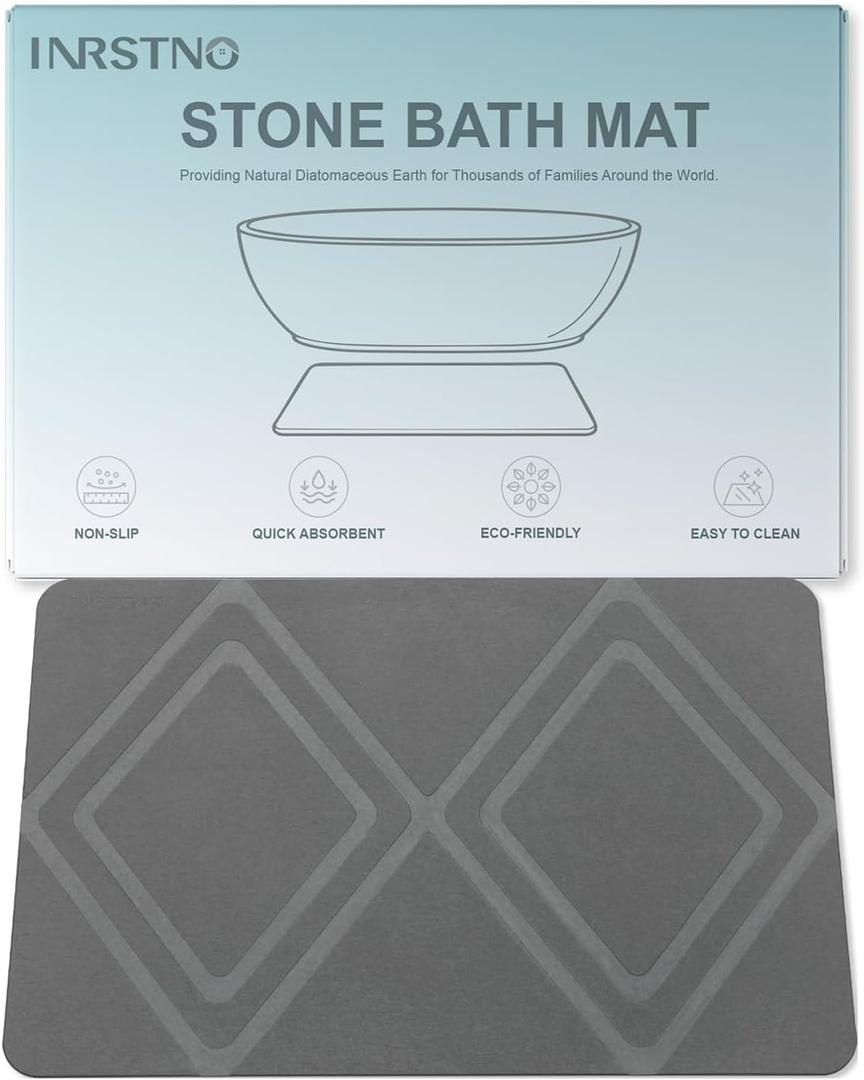 Stone Bath Mat, 23.6 x 15.4" Diatomaceous Earth Mat Diamond Pattern, Super Absorbent Quick Drying Stone Bath Mats for Bathroom, Easy to Clean (Dark Grey)