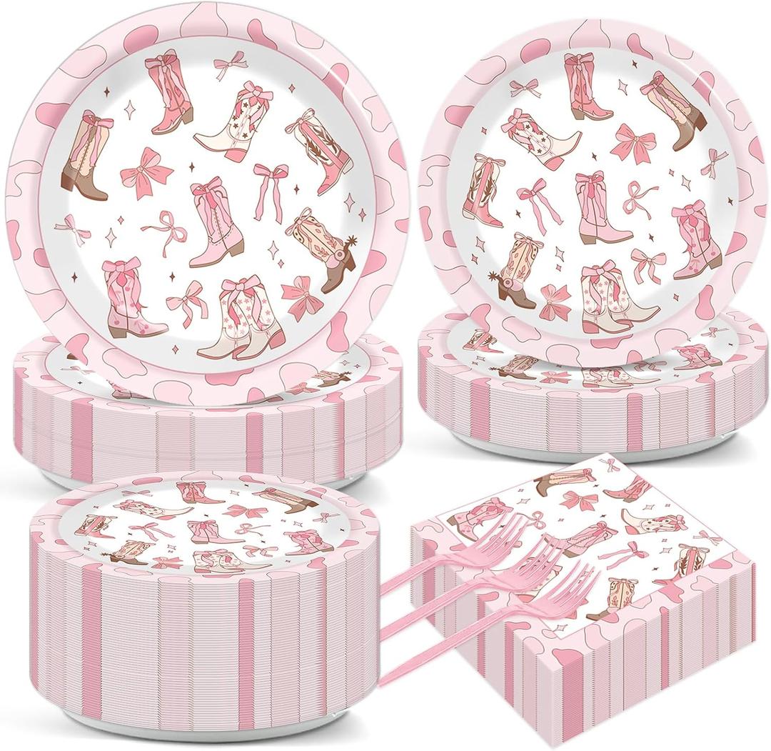 200Pcs Coquette Bow Cowgirl Boots Party Supplies Western Cowgirl Plates and Napkins Disposable Pink Bowknot Rodeo Tableware Bachelorette for Girls Set Decorations Supplies Baby Shower Serve 50