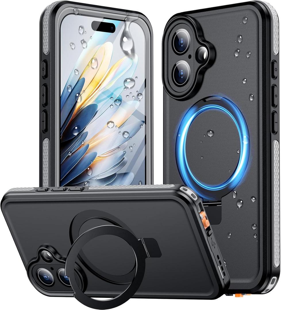 Temdan Magnetic for iPhone 16 Case Waterproof, [Built-in Ring Invisible Stand & Screen Protector][IP68 Underwater][Dropproof][Dustproof][Real 360] Shockproof Protective Phone Case 6.1''-Grey