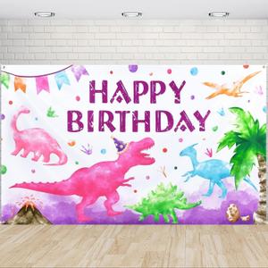 WERNNSAI Watercolor Dinosaur Backdrop - 73'' X 43'' Pink Dinosaur Birthday Party Decorations for Girls Kids Dino Theme Party Photography Background Decorations for Birthday Indoor Outdoor Wall Decor