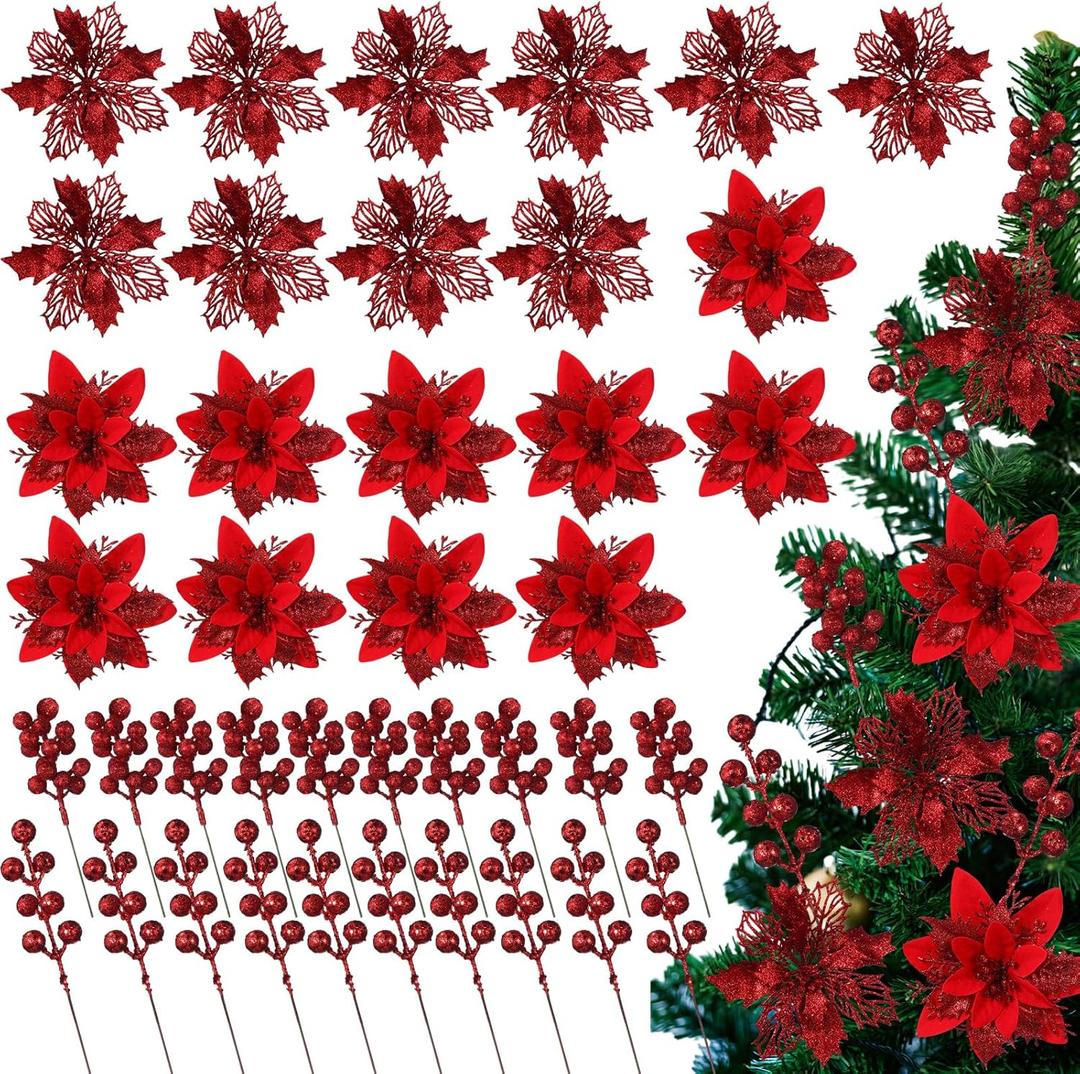 60 Pcs Silver 6 Styles Christmas Artificial Poinsettia Flowers with Glitter Berries Stems Tree Picks for Christmas Tree Ornaments DIY Xmas Wreath Crafts Holiday (Red)