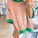 SHEWIN Shirts for Women 2026 Loose Short Sleeve Sweatshirt Cute Womens Summer Tops Dressy Casual Crewneck Color Block Tee Shirt Trendy Spring Outfits White and Orange Stripe XL