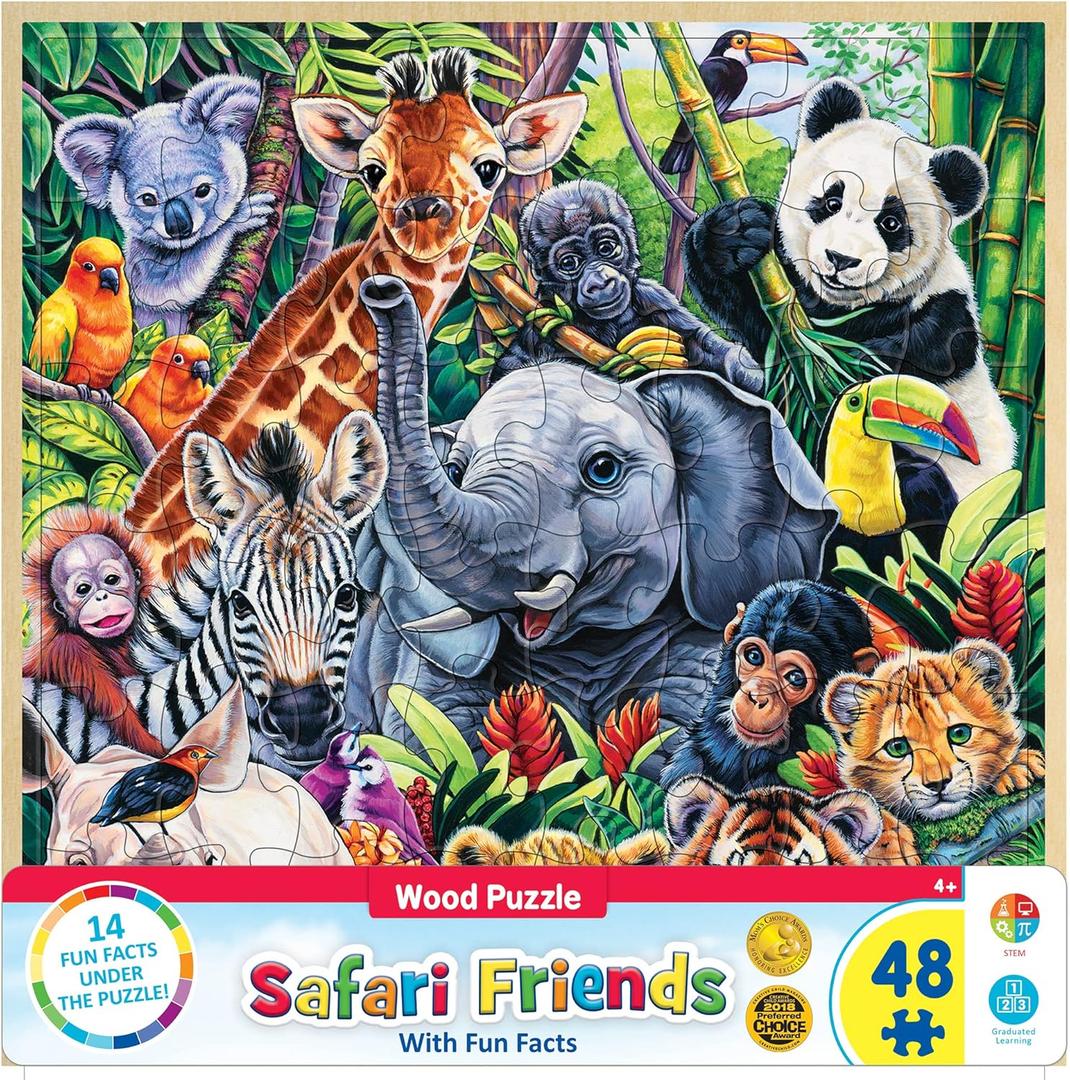 Masterpieces 48 Piece Fun Facts Jigsaw Puzzle for Kids - Safari Friends Wood Puzzle - 12"x12"
