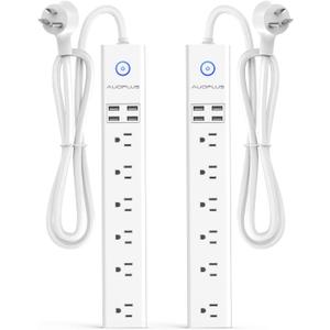2 Pack Power Strip Surge Protector Flat Plug - 6 Widely Spaced Outlets 4 USB Charging Ports, 2100J/10A with 6Ft Long Extension Cord, Overload Surge Protection, Wall Mount for Home Office (White)