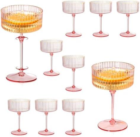 XUWAIDSGN 11 Pcs Champagne Martini Glasses 9 Oz with Gilded Removable Gold Rim Coupe Glasses Pink Martini Glasses Plastic Mimosa Vintage Coupe Glasses Set For Wedding Anniversary (11, Ribbed Pink)