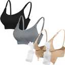 4HOW Pumping Bra Hands Free Nursing Pumping aBra All in One Wireless Padded Maternity Bralette for Large Bust (Black + Beige + Grey)