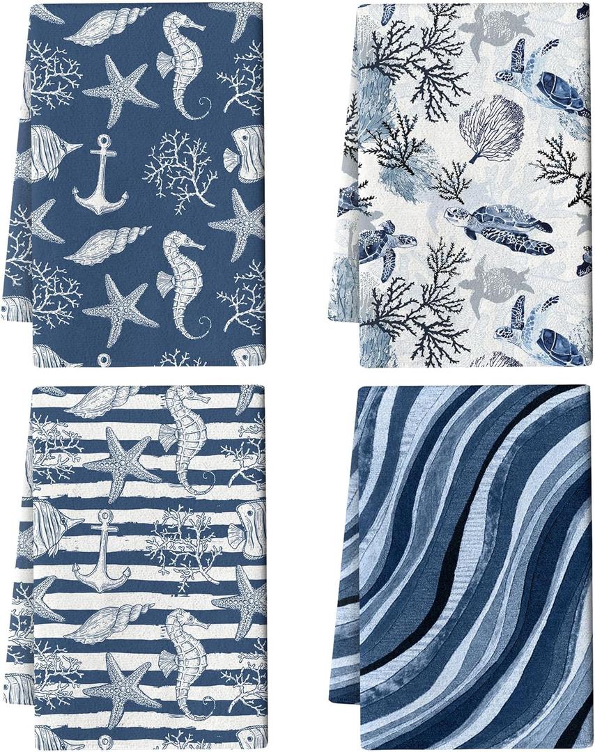 Blue Nautical Seahorse Corals Sea Turtle Kitchen Dish Towels Decorative Set of 4, Absorbent Coastal Tea Hand Towels for Kitchen Farmhouse Housewarming Bar Ocean Themed Decor