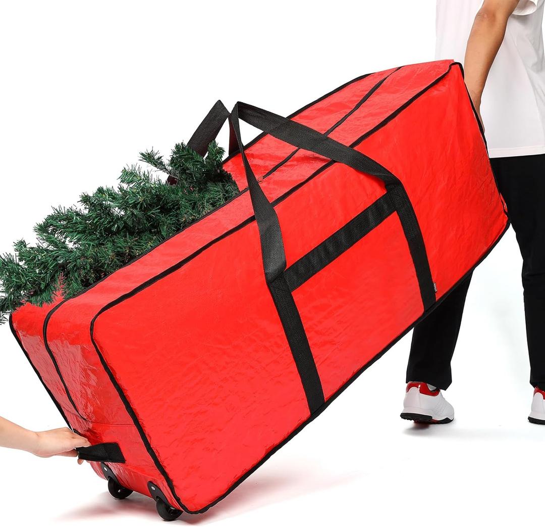 HOMEST Christmas Tree Storage Bag, Fits for 7.5 ft Xmas Artificials, Zippered Box with Reinforced Carrying Handles and Wheels, Red (Container Only)