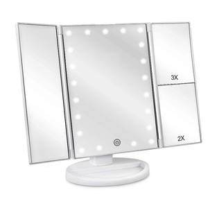 deweisn Floor Mount TriFold Lighted Vanity Mirror with 21 LED Lights, Touch Screen and 3X/2X/1X Magnification, Two Power Supply Modes Make Up Mirror,Travel Mirror