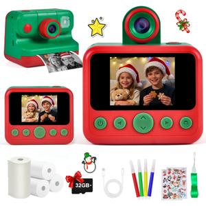 Kids Instant Print Camera with 4 Rolls Print Paper, 1080P HD Digital Camera for Boys Girls with Color Pens & 32GB Card, Christmas Birthday Gifts Kids Toys for 3 4 5 6 7 8 9 10 Years Old (Red and Green)