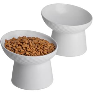 6 inch Small Ceramic Raised Cat Bowls, Tilted Elevated Food or Water Bowls, Stress Free, Backflow Prevention, Dishwasher and Microwave Safe, Lead & Cadmium Free(White 6 inch 2pc)