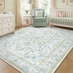 CAPALOCA 5x8 Washable Nursery Girls Low Pile Area Rug Green Blue