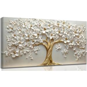 Large Tree of Life Canvas Wall Art,Gold Flower Painting Picture Wall Decor,Elegant Trees Poster Print Artwork for Living Room Bedroom Office Home Decoration 16 x32 inches