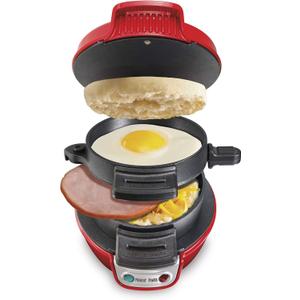 Hamilton Beach Breakfast Sandwich Maker with Egg Cooker Ring, Customize Ingredients, Perfect for English Muffins, Croissants, Mini Waffles, Perfect White Elephant Gifts, Red (25476) (Single)