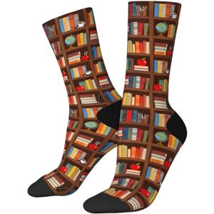 Cute Novelty Crew Socks, Funny Athletic Crazy Dress Socks Gift For Men Women (One Size, Bookshelf)