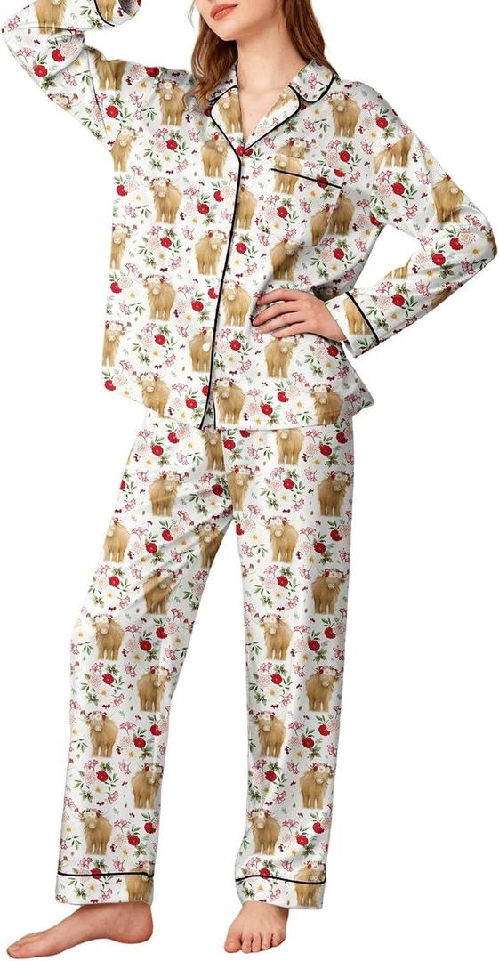 Womens Pajamas Set Soft Silk Satin Sleepwear Pajamas Top and Pants Pjs Set Long Sleeve Loungewear with Pockets (XL)