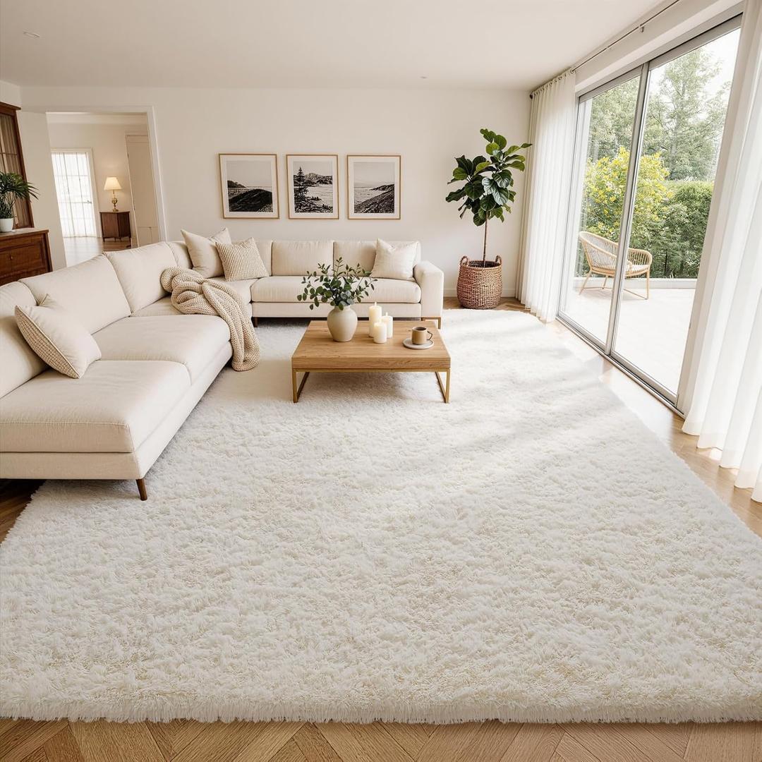 Ophanie Area Rugs 10x14 Living Room, Large Ivory Bedroom Carpet, Big Shag Indoor Thick Soft Nursery Rug, Fluffy Carpets for Boys and Girls Room Home Decor Aesthetic with Over 99 pcs Pile fibers