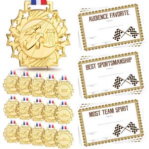 Cunno 15 Pcs Derby Medals with Award Certificate Race Car Trophy Gold Metal Award Medal with Neck Ribbon Prizes Winner Champion Trophies Prize Event Tournament Gifts