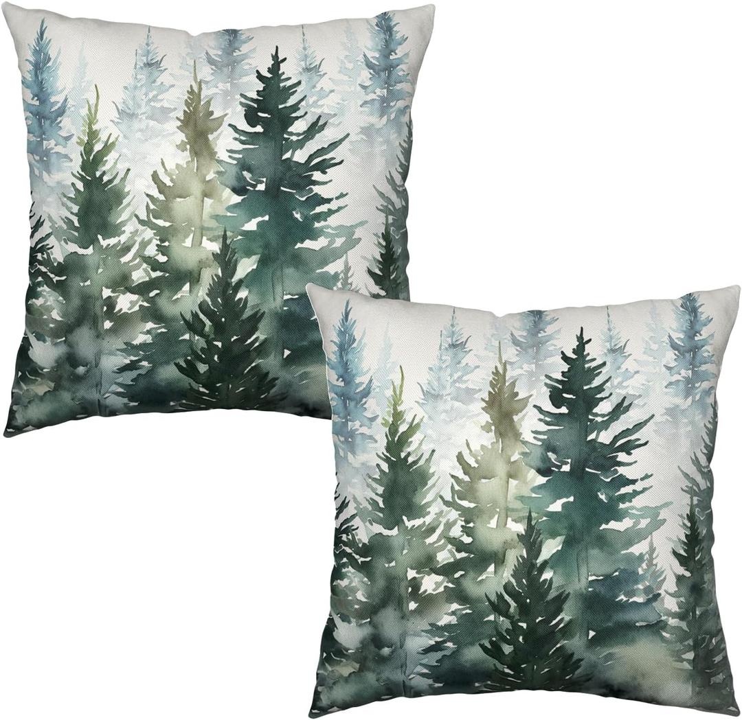 Watercolor Dark Green Tree Pillow Covers 18X18 Set of 2 Rustic Nature Forest Throw Pillow Cover Winter Christmas Decorative Pillow Cases Farmhouse Square Pillowcase for Outdoor Couch Patio