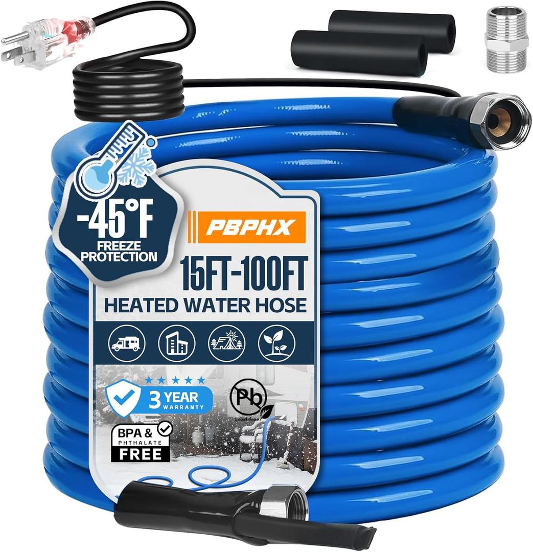 15FT Heated Water Hose for RV,Heated Drinking Water Hose with Thermostat,Lead and BPA Free,1/2"Inner Diameter,Temperatures Down to -40F Self-Regulating,Blue Appearance