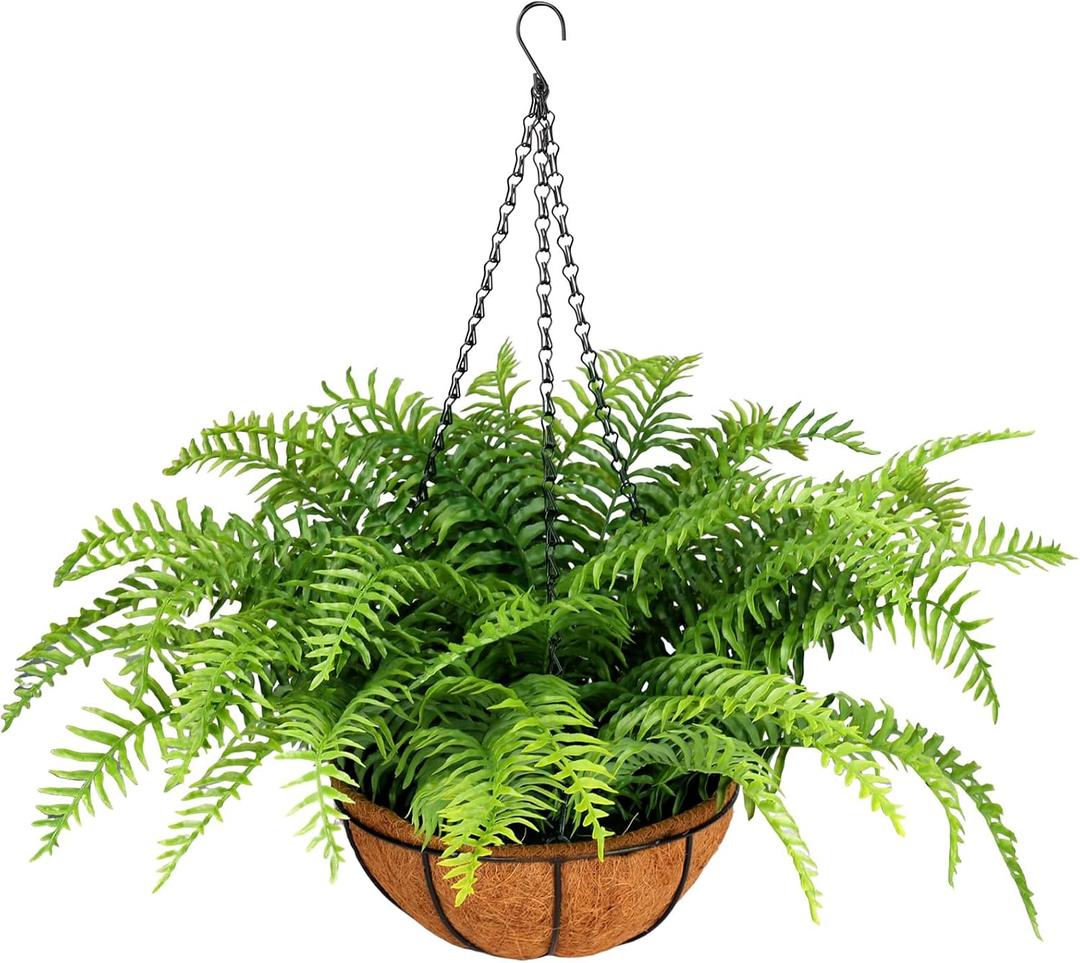 Fake Ferns with Hanging Baskets, Lifelike UV Resistant Artificial Hanging Plants Outdoor Faux Plants for Front Porch Patio Garden Home Dcor(1 Set)