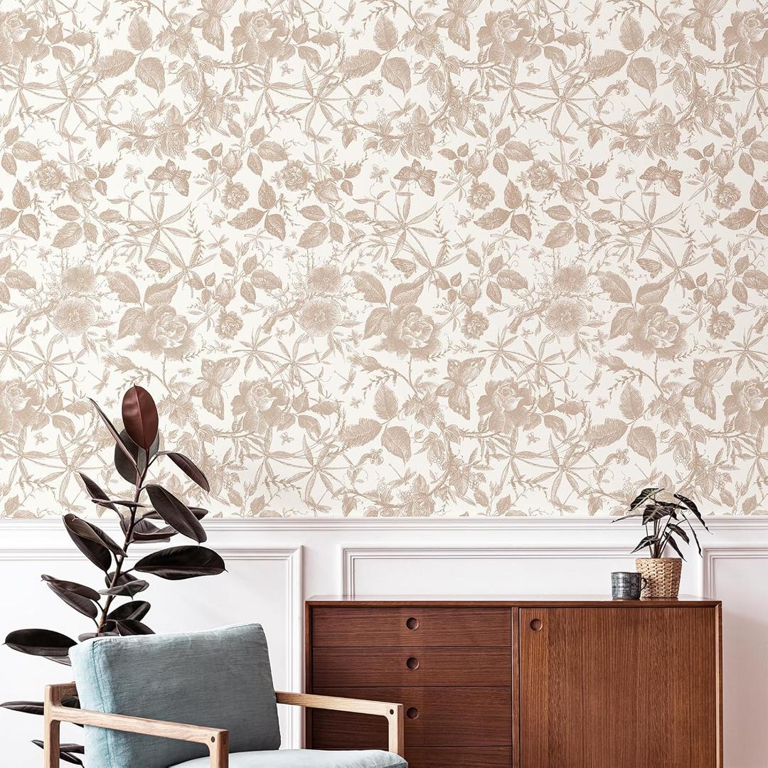 JiffDiff Vintage Peel and Stick Wall StickChampagne Wallpaper Rose Removable Vinyl Wall Paper Sketch Floral Decor for Living Room, Nursery, Wedding 15.75in x 118in