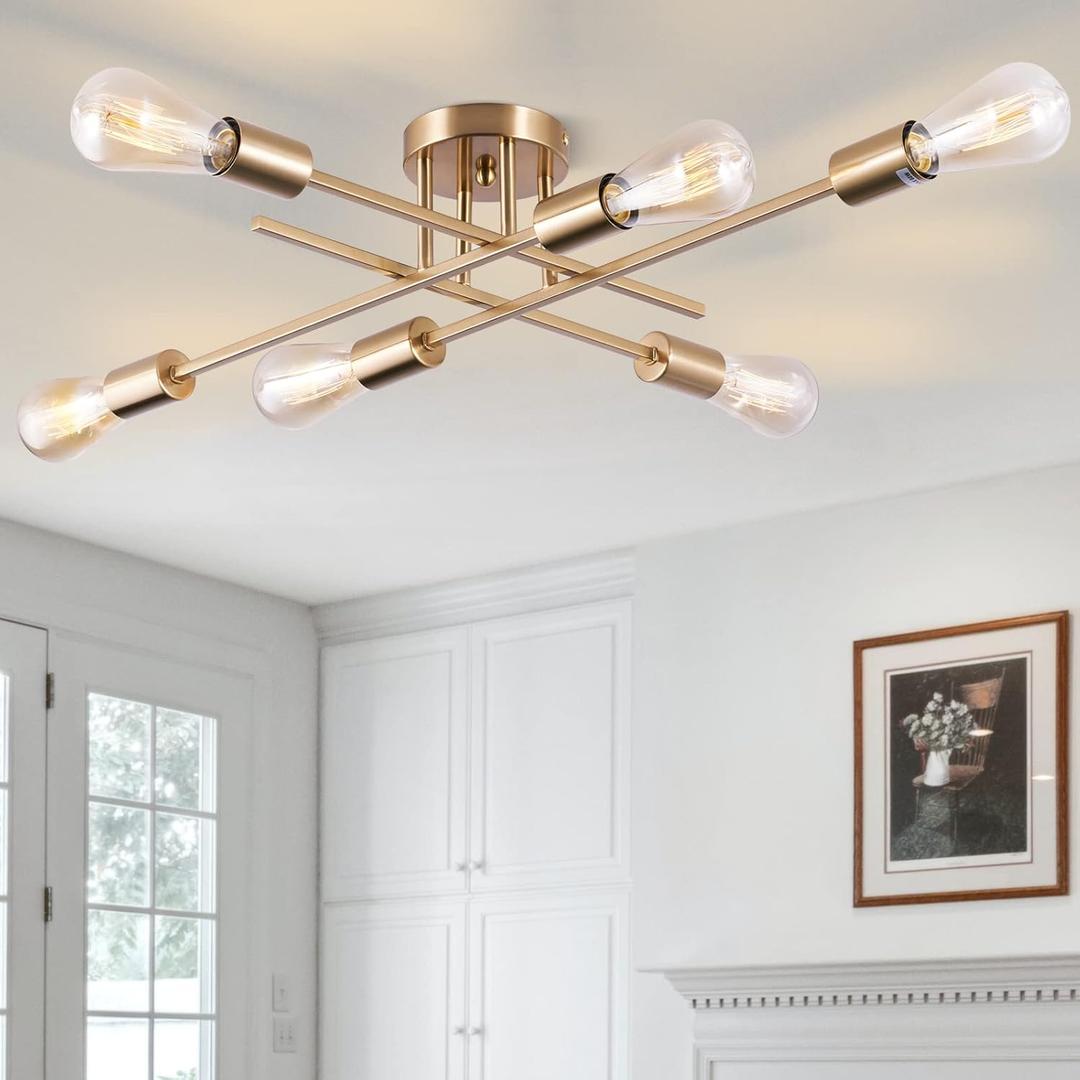 Sputnik Chandeliers, Modern Semi Flush Mount Ceiling Light with E26 Base, Mid Century Industrial Kitchen Farmhouse Light Fixtures for Bedroom Living Room (Brass, Ceiling 6 Lights (Lengthen))