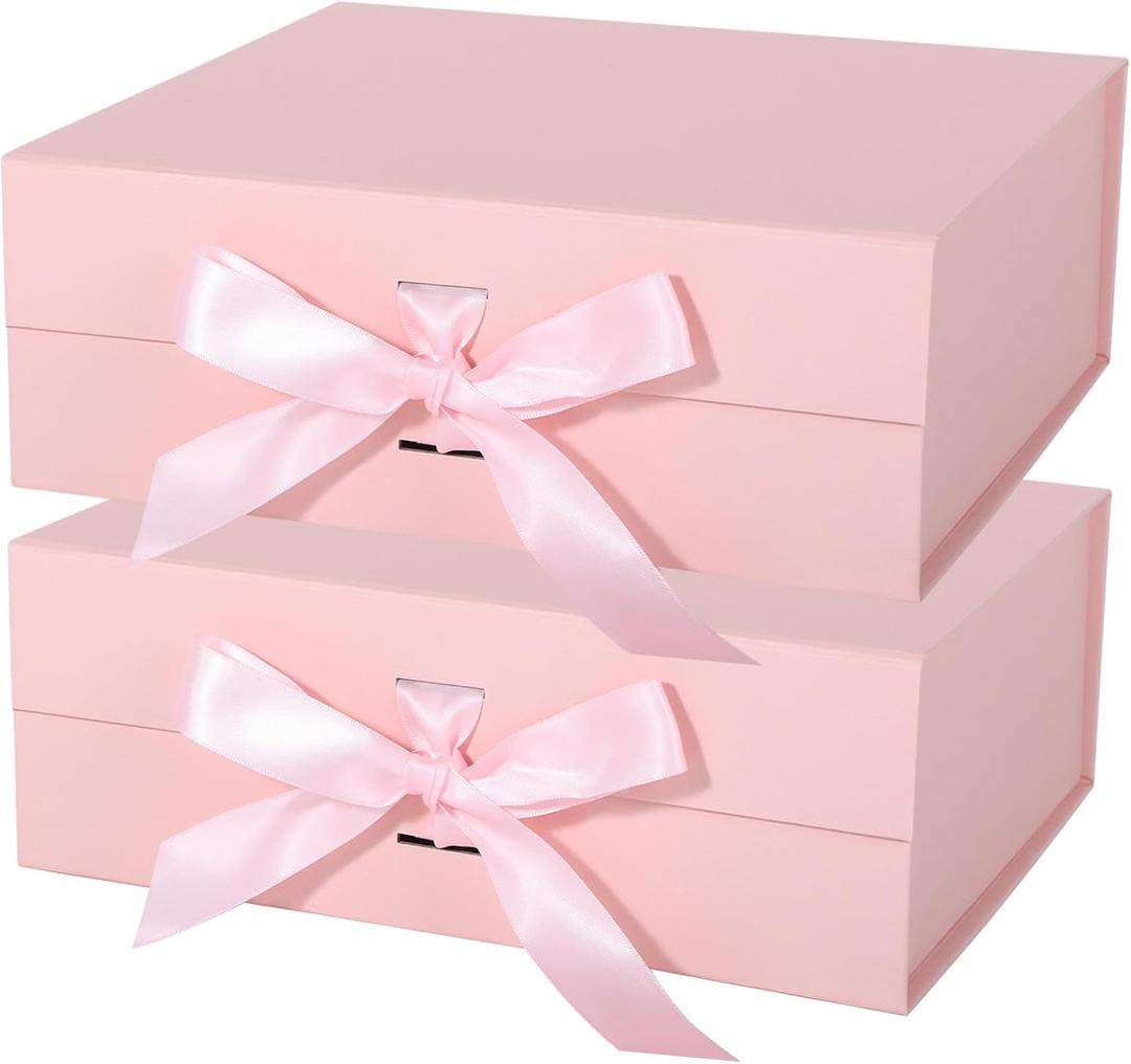 Pink Gift Box with Ribbon Magnetic Lids 10.2x9x3.74 in, Christmas Gift Boxes Bridesmaid Groomsman Proposal Boxes, Wedding Storage Box 2 Pack