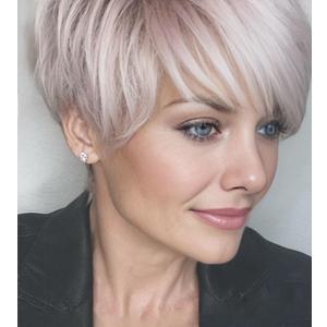 SEVENCOLORS Short Pixie Cut Wigs for White Women Blonde Mixed Light Pink Short Wigs with Bangs Layered Synthetic Hair Wigs Natural Looking
