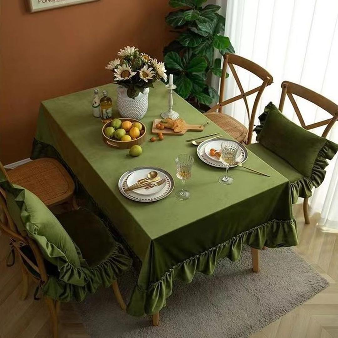 Soft Luxurious Velvet Tablecloth Ruffled Solid Color Rectangular Thick Tablecloth, Vintage Farmhouse Style Washable Suitable For Parties Weddings Baby Shower, Kitchen60 X 120 Inch, Olive Green