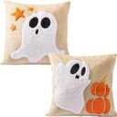 DN DECONATION Halloween Decorations Ghosts Pillow Covers 18x18 Set of 2, Ghost and Pumpkin Decor Halloween Throw Pillow Cover, Cute Soft Decorative Couch Sofa Pillows Cases Home Decor - Beige & Velvet