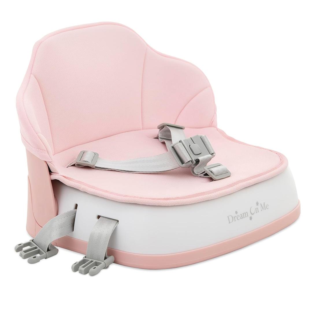 Dream On Me Cozy Pod Booster Seat with Removable Cover in Gray, Booster Seat for Kitchen Chair Includes a 3-Point Safety Harness with 2 Belts for Safety, Foldable & Easy to Carry (Pink)