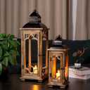Large Farmhouse Decorative Wooden Lantern Set of 2, Rustic Brown Floor Lanterns, Indoor/Outdoor Hurricane Lanterns for Home Decor (No Glass)