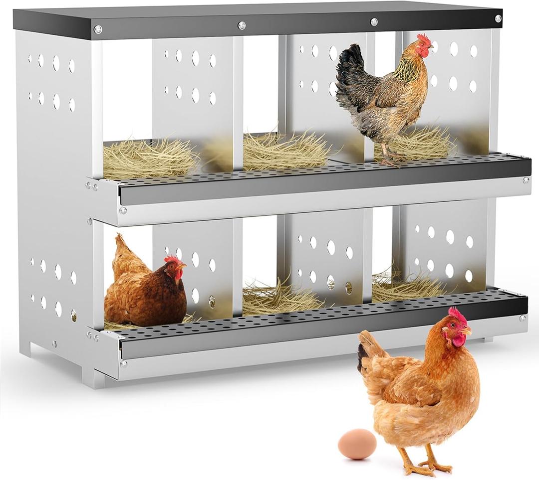 Chicken Nesting Box 6 Compartment for Chicken Coop - Heavy Duty Galvanized Steel Wall Mount with Vented Design & Removable Mats (31.9" L)