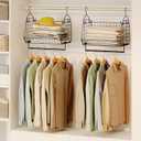 2 Tier Closet Hanging Organizer with Rod, Foldable Hanging Closet Organizer, Hanging Closet Shelves with 4 Hooks,Wire Hanging Storage Basket Bins for Clothing Sweater Socks Bag Wardrobe Black