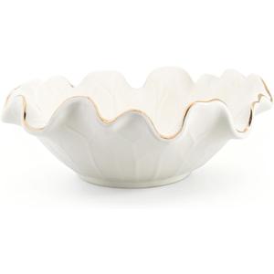 Handcrafted 8" White Ceramic Ruffle Bowl with Gold Trim  Modern Lotus Design, Small Shallow Decorative Bowl for Kitchen Counter & Key Holder for Entryway Table, Catch-All for Home Decor