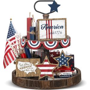 FairySandy 13 Pcs Memorial Day Decorations American 4th of July Patriotic Tiered Tray Decor Rustic 250th Anniversary Farmhouse Table Wooden Sign USA Flag Star Red White Blue for Independence Day Party