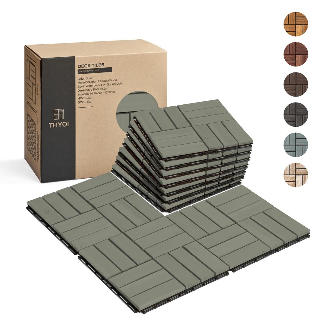 10 Pcs Interlocking Deck Tiles, Patio Flooring - Outdoor Waterproof Acacia Wood Tiles for All Weather Use - Balcony, Backyard, Indoor & Outdoor (Green, 10 Pcs - 12.1 Square Ft) (Green Crossed Pattern)