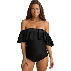 Summer Mae Off Shoulder Ruffle Maternity One Piece Swimsuit, Black Breastfeeding Bathing Suit for Women, Flounce Pregnancy Swimwear (M)