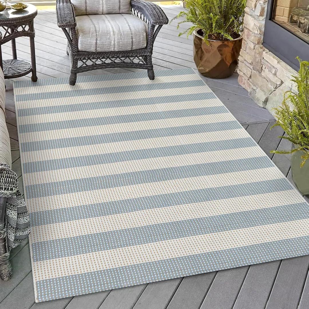 OJIA Washable Area Rugs 4'x6', Blue and White Striped Outdoor Rug Cotton Woven Entryway Rugs Indoor Patio Rugs Carpet Large Area Rugs for Bedroom/Porch/Deck/Backyard/Camping/Living Room (Muted Blue/Beige)