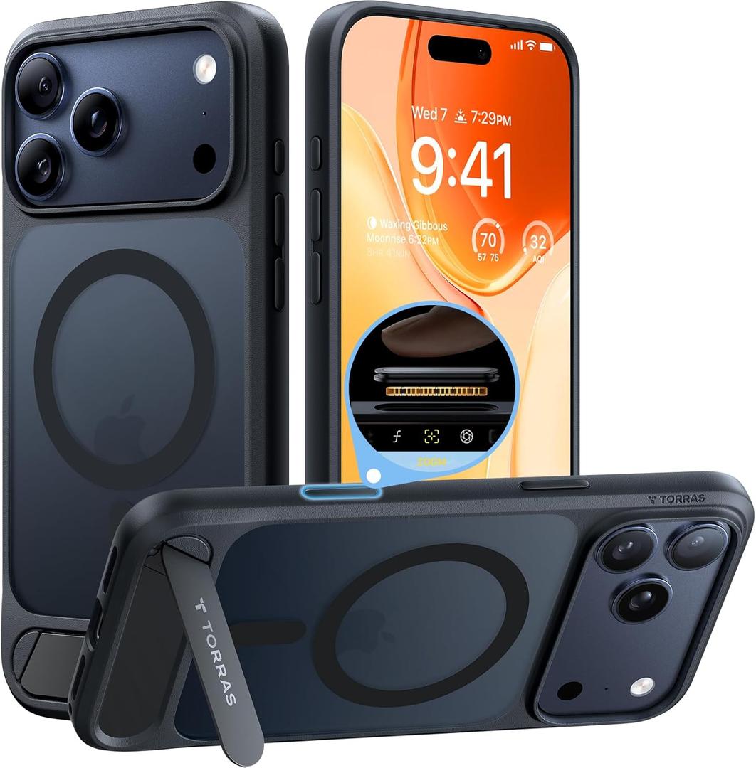 TORRAS Strong Magnetic & Seamless Stand for iPhone 17 Pro Case, Fit for MagSafe, Militray Grade Protection, Built-in Kickstand, Camera Control, Translucent Shockproof Slim 17 Pro Cover Ostand, Black