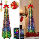 5Ft Prelit Tinsel Pop Up Christmas Tree with Ornament,Fully Decorated Collapsible Pencil Christmas Tree with DIY Multicolor Pink Lights Modes,App-Controlled Xmas Trees for Valentines Easter Decor (Green, Gold )