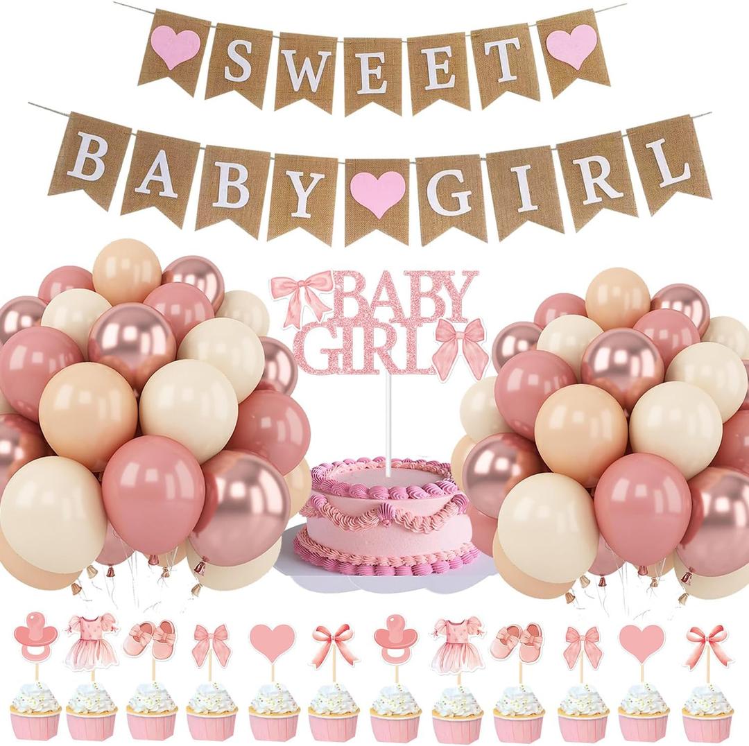 Sweet Baby Girl Burlap Banner, Pink Rose Gold Baby Girl Shower,Rose Gold Balloon , Photo Decoration Props SweetRustic Baby Shower Decorations