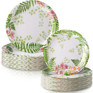 Funnymoom 48 Pcs Fern Garden Plates Set Include 9 Inch and 7 Inch Spring Watercolor Disposable Plates Summer Decorative Dinner Birthday Party Tableware for Baby Shower Party Supplies