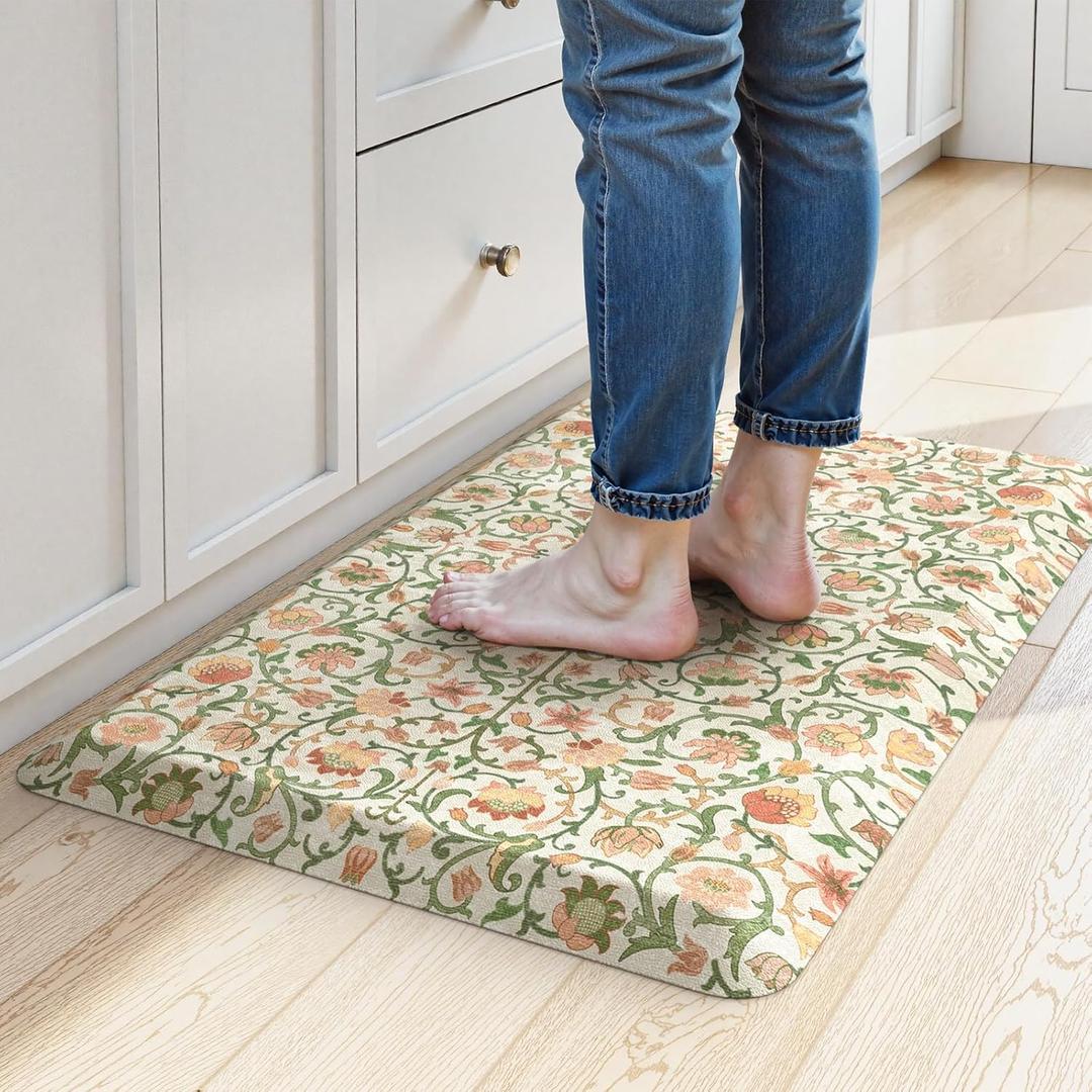 KIMODE Padded Kitchen Floor Mats Cushioned Anti Fatigue,3/4 Inch Comfort Memory Foam Ergonomic Standing Carpet for Office Desk,Boho Vintage Sink Rug Non Slip for Laundry,Green/Orange