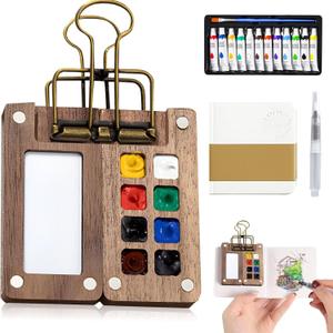 Mini Watercolor Kit, 12 Color Mini Watercolor Travel Set, Wooden Sketchbook Kit Watercolors Paint Set with Paint, Brush, Sketchbook and Copper Clip for Artists Students Painters